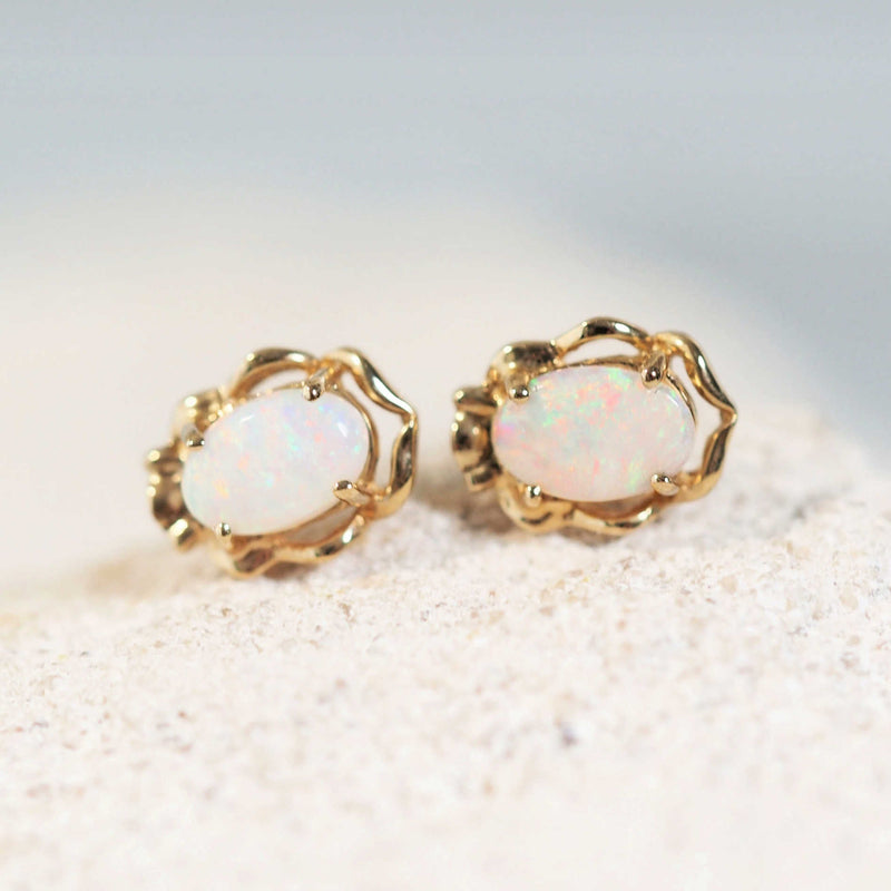 colourful oval Australian opal gold earrings