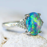 'Opal Queen' White Gold Australian Crystal Opal Ring - Black Star Opal