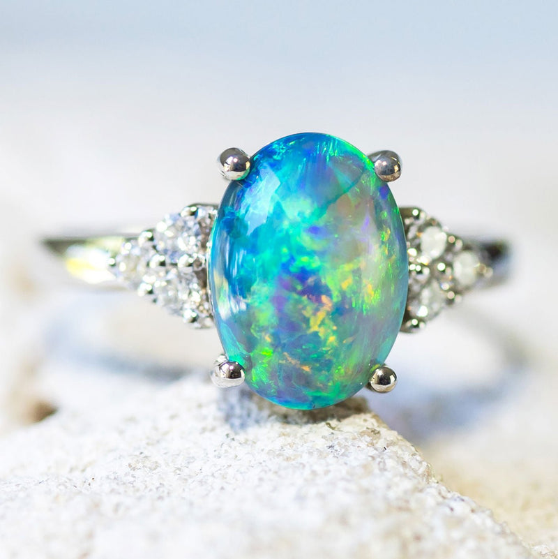 'Opal Queen' White Gold Australian Crystal Opal Ring - Black Star Opal