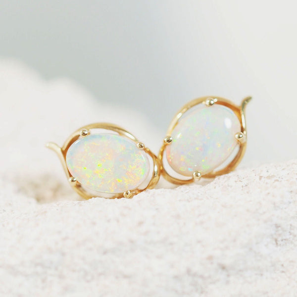 colourful oval crystal opal gold earrings
