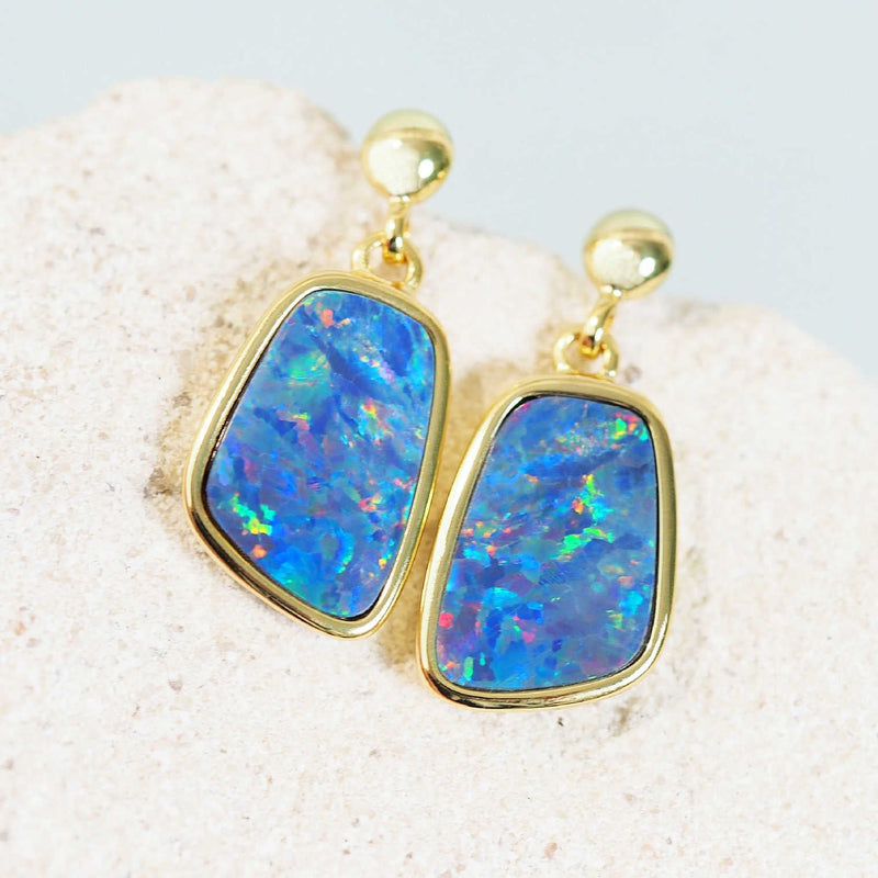 doublet opal earrings with multi-colour opals set in gold plated silver 