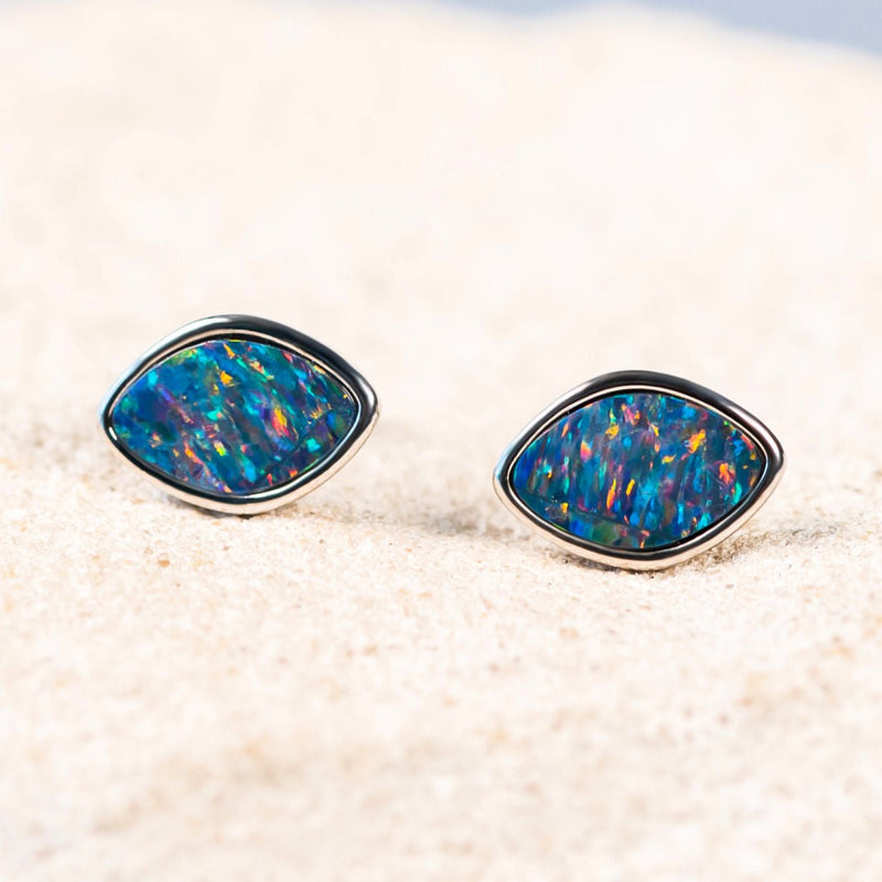 colourful silver australian doublet opal stud earrings
