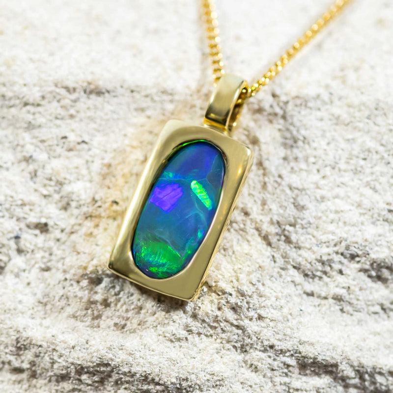 ‘Peacock’ Gold Australian Black Opal Necklace Pendant - Black Star Opal