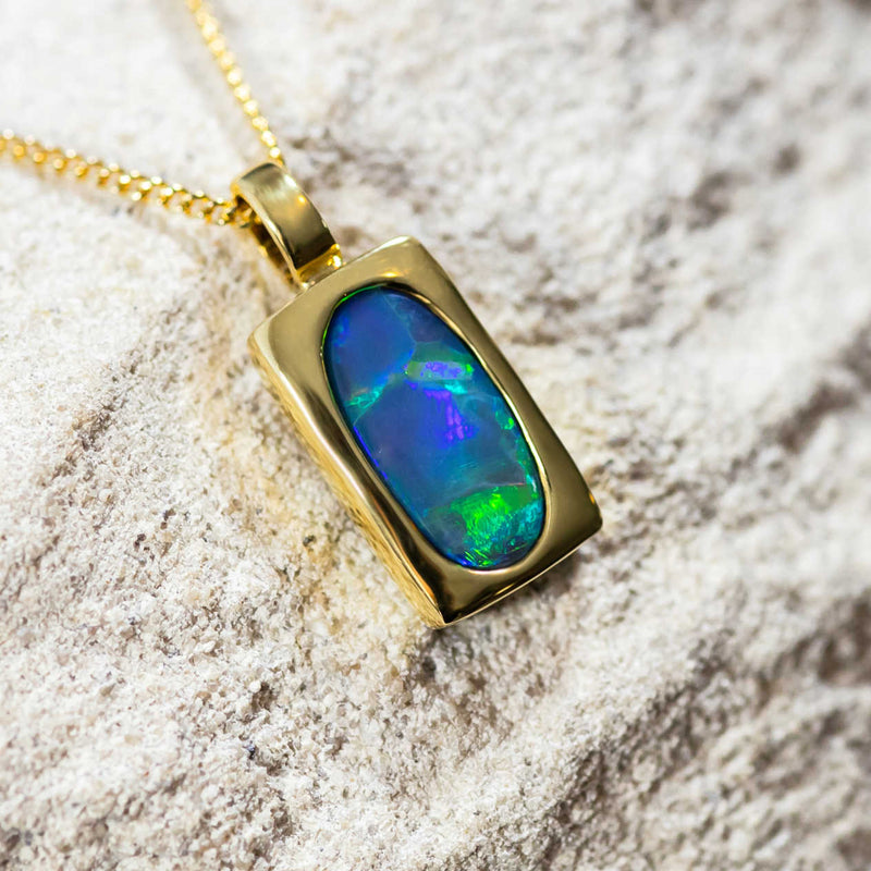 ‘Peacock’ Gold Australian Black Opal Necklace Pendant - Black Star Opal