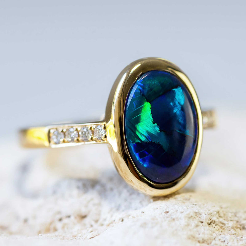 'Peacock Jewel' Gold Australian Black Opal Ring - Black Star Opal