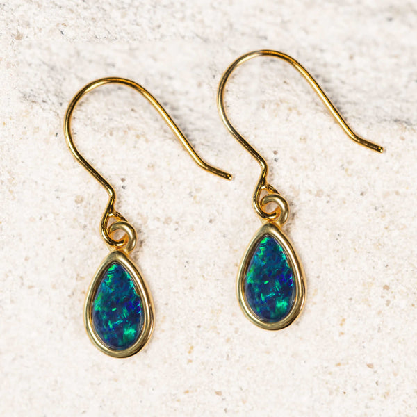 'Petite Avah' Gold Plated Silver Australian Triplet Opal Earrings - Black Star Opal