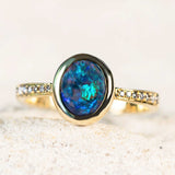 blue and green dark crystal opal 14ct gold ring from Lightning Ridge