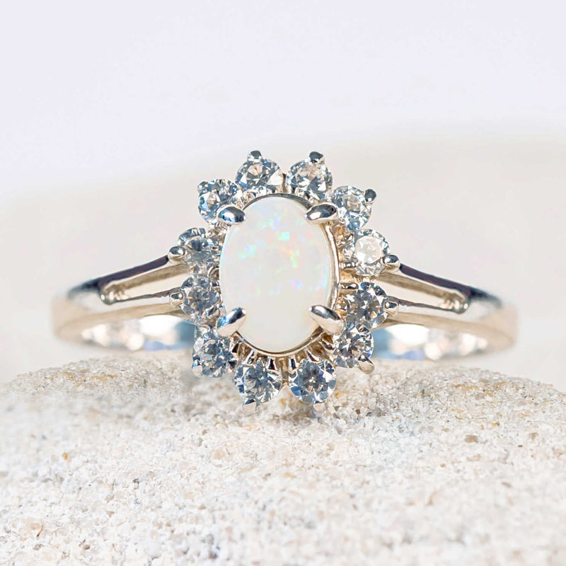 multi-colour white opal princess ring in silver