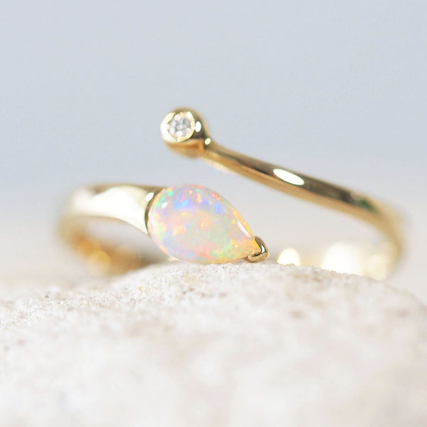 colourful teardrop shape crystal opal 14ct gold ring
