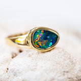 'Rainbow Orb' Gold Australian Doublet Opal Ring - Black Star Opal