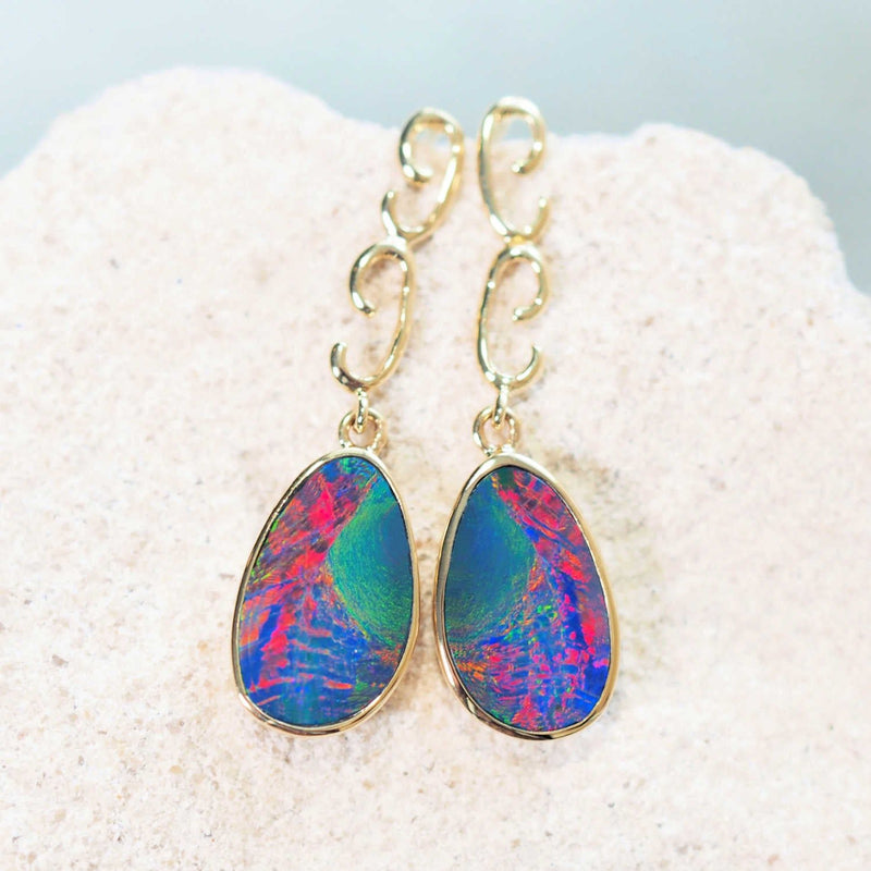 colourful doublet opal gold earrings