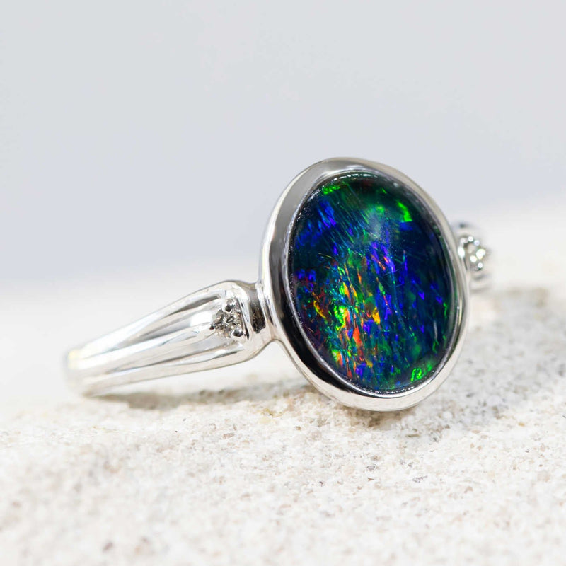 'Savara' White Gold Australian Triplet Opal Ring - Black Star Opal