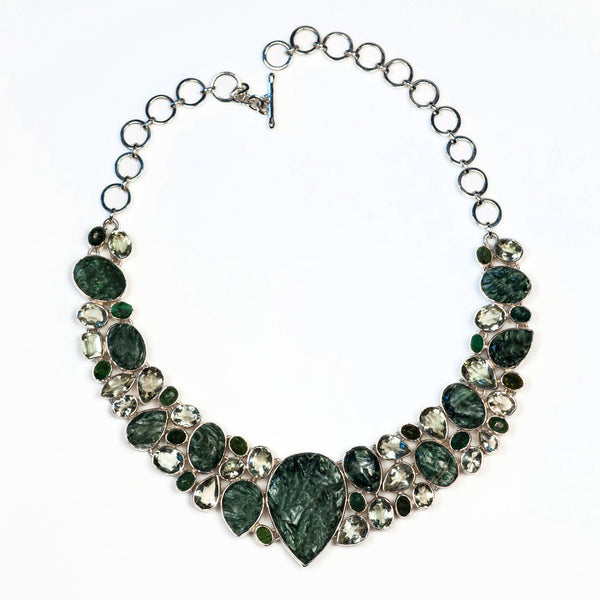 Seraphinite, Green Amethyst and Tourmaline Silver Gemstone Necklace