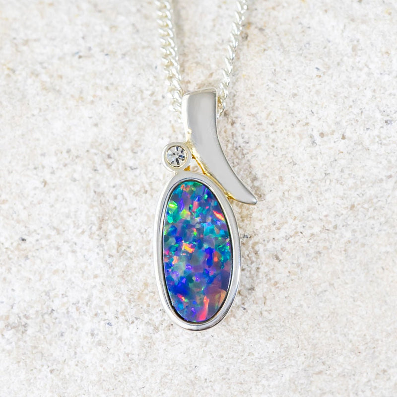 'Shia' Silver Australian Doublet Opal Necklace Pendant - Black Star Opal