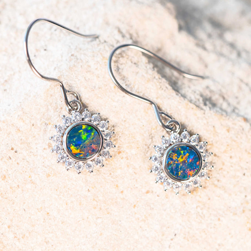 round colourful doublet opal drop hook earrings