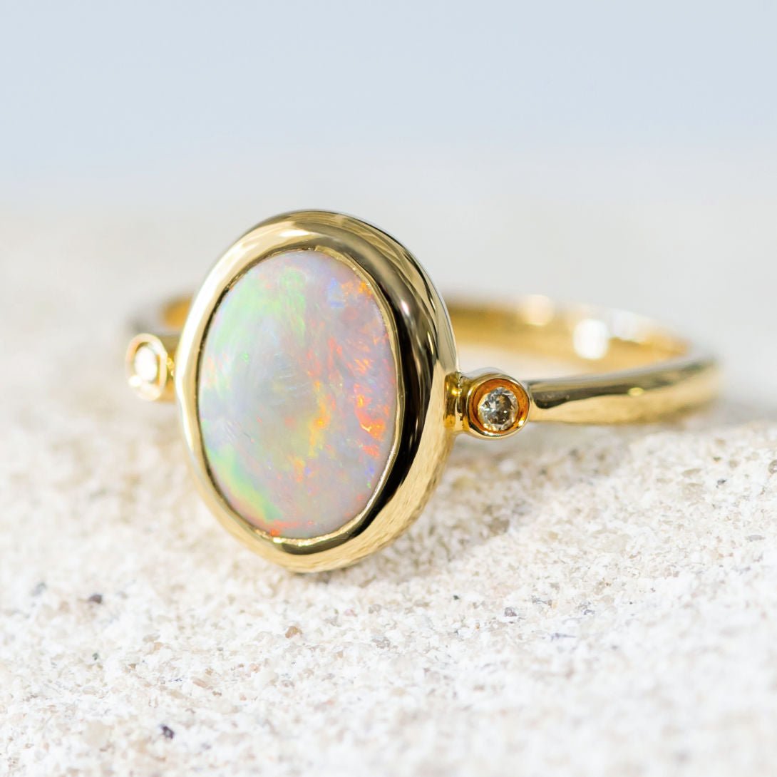 'Sigrid' Gold Australian White Opal Ring - Black Star Opal