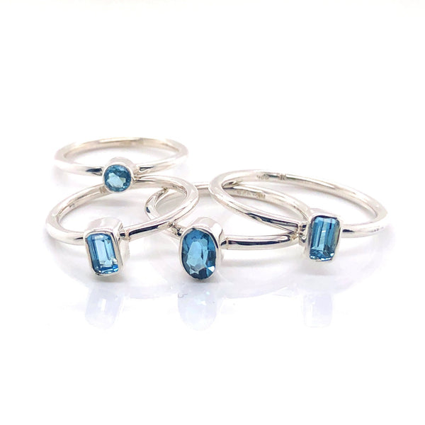Silver Blue Topaz Stackable Gemstone Ring - Black Star Opal