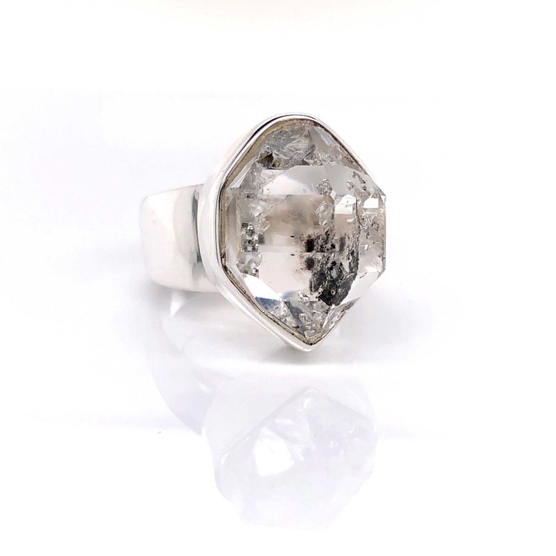 Silver Herkimer Diamond Quartz Gemstone Ring - Black Star Opal