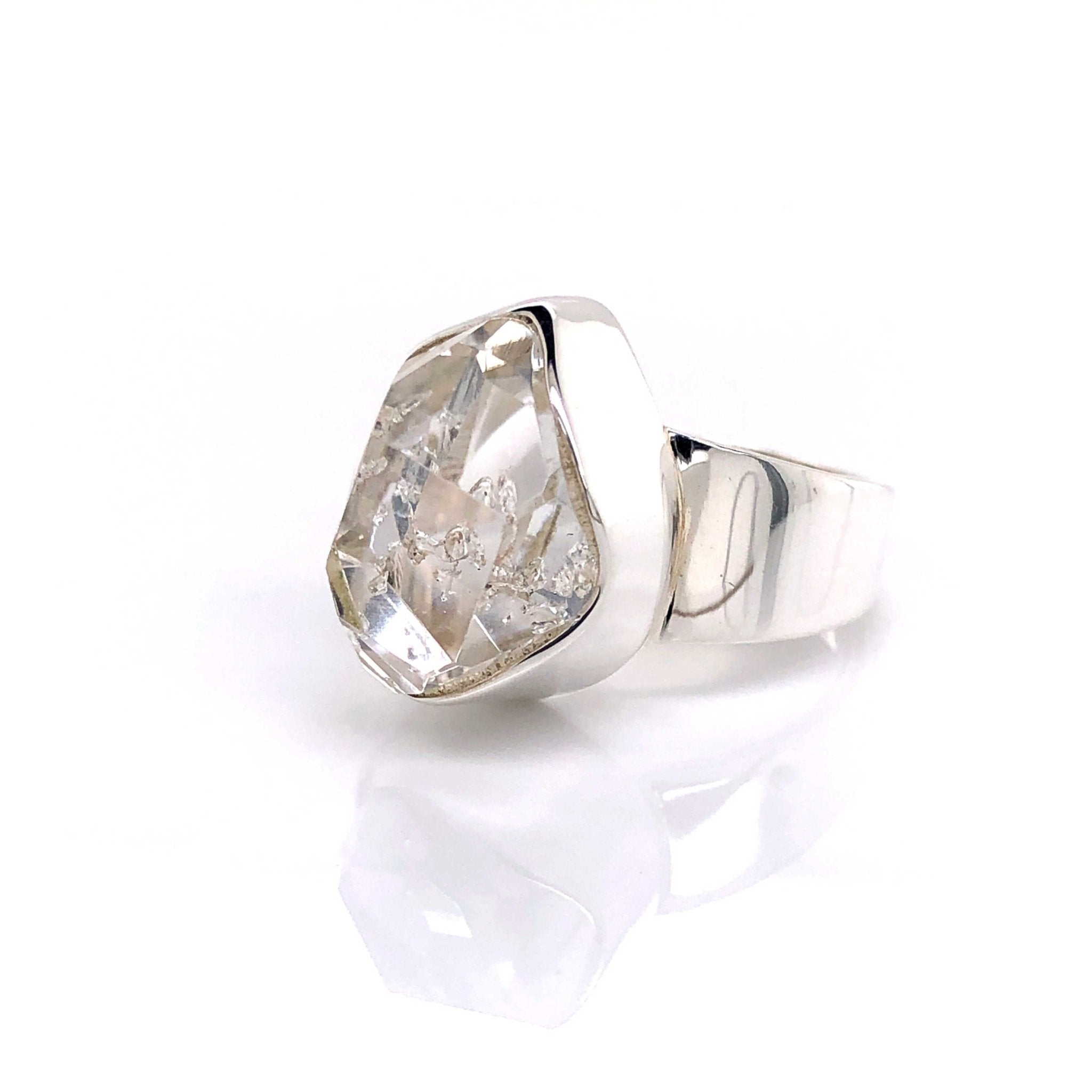 Silver Herkimer Diamond Quartz Gemstone Ring - Black Star Opal
