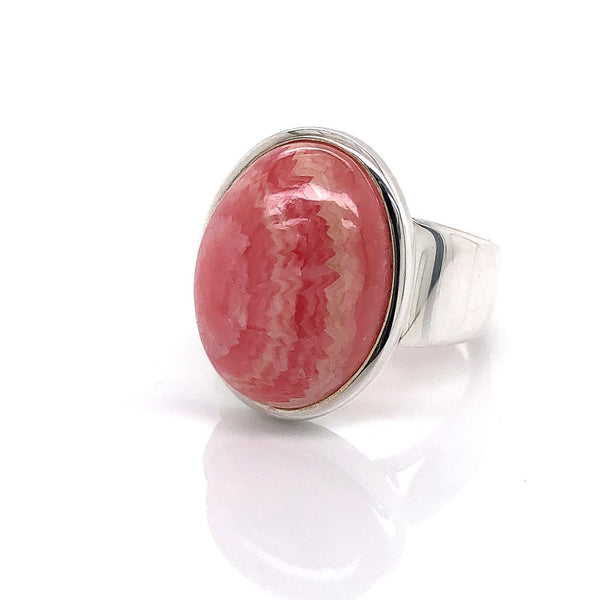 Silver Rhodochrosite Gemstone Ring - Black Star Opal