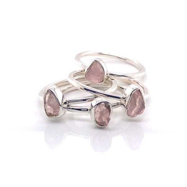 Silver Rose Quartz Stackable Gemstone Ring - Black Star Opal