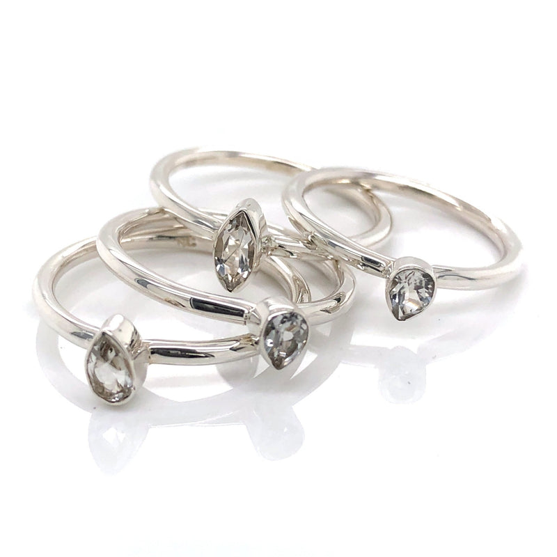 Silver White Topaz Stackable Gemstone Ring - Black Star Opal