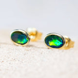 gold plated silver australian opal earrings set with blue and green triplet opals