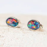 bezel set triplet opal silver stud earrings 