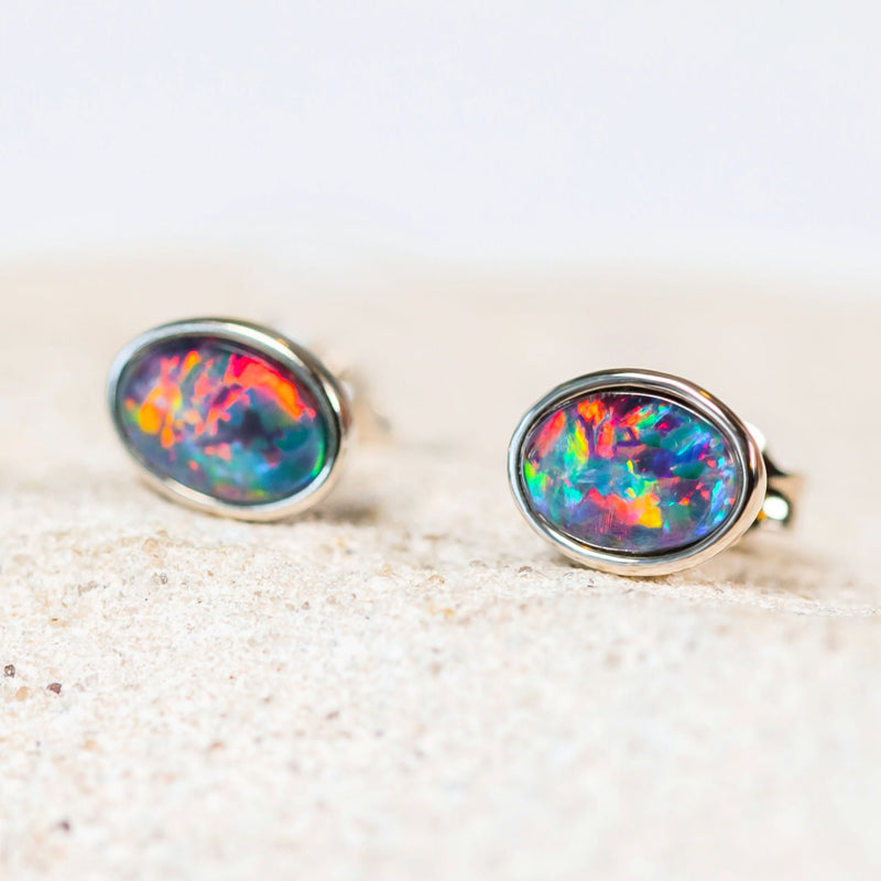 bezel set triplet opal silver stud earrings 