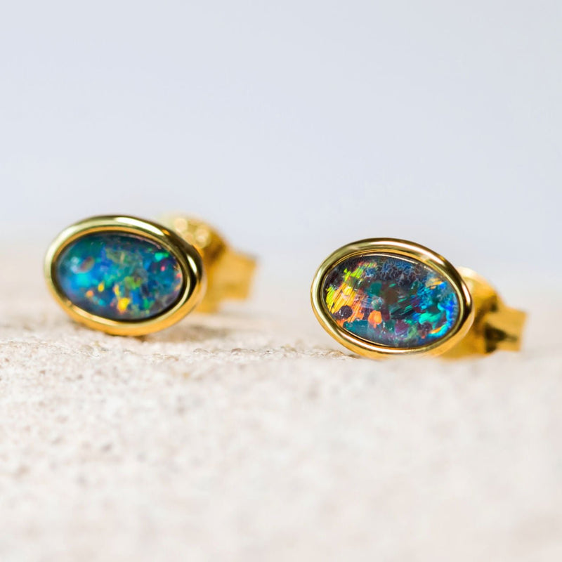 'Sophia' Gold Plated Silver Australian Triplet Opal Earrings - Black Star Opal