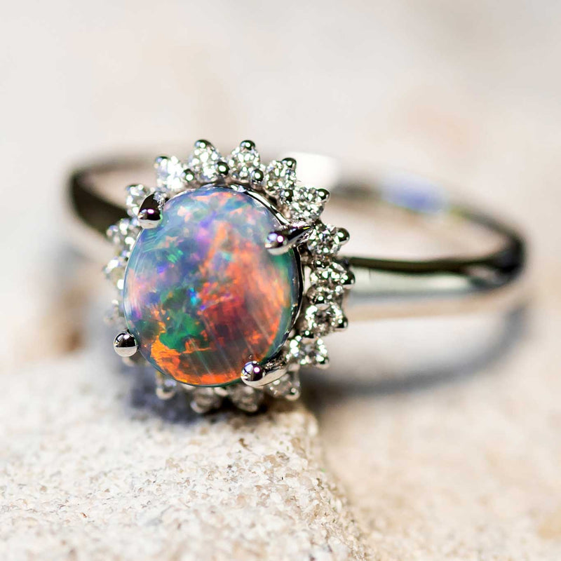 'Southern Princess' White Gold Australian Crystal Opal Ring - Black Star Opal