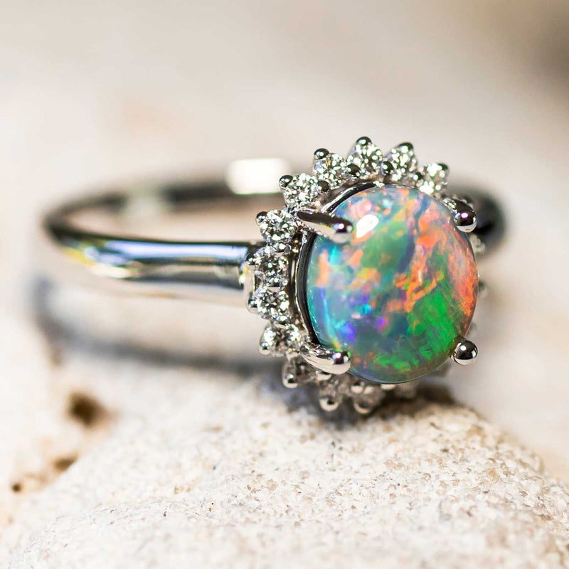 'Southern Princess' White Gold Australian Crystal Opal Ring - Black Star Opal