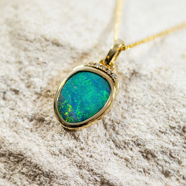 'Sparkling Bouquet' Gold Australian Doublet Opal Necklace Pendant - Black Star Opal