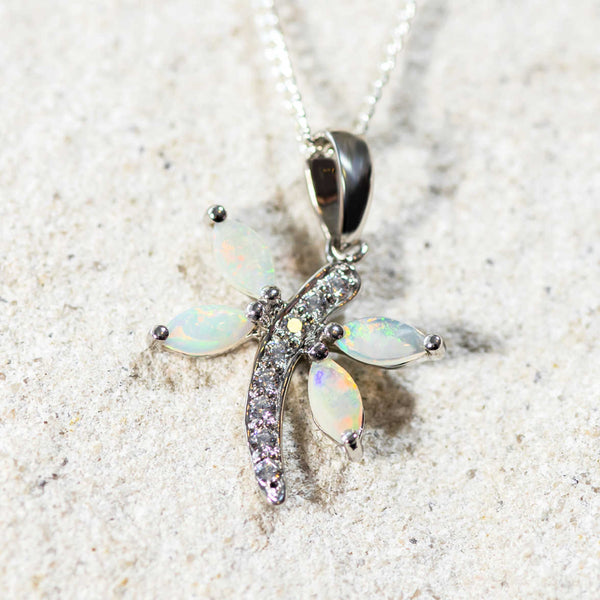'Sparkling Dragonfly' Silver Australian Crystal Opal Necklace Pendant - Black Star Opal