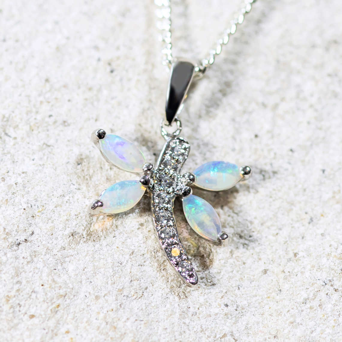 'Sparkling Dragonfly' Silver Australian Crystal Opal Necklace Pendant - Black Star Opal