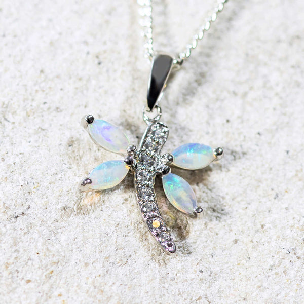 'Sparkling Dragonfly' Silver Australian Crystal Opal Necklace Pendant - Black Star Opal