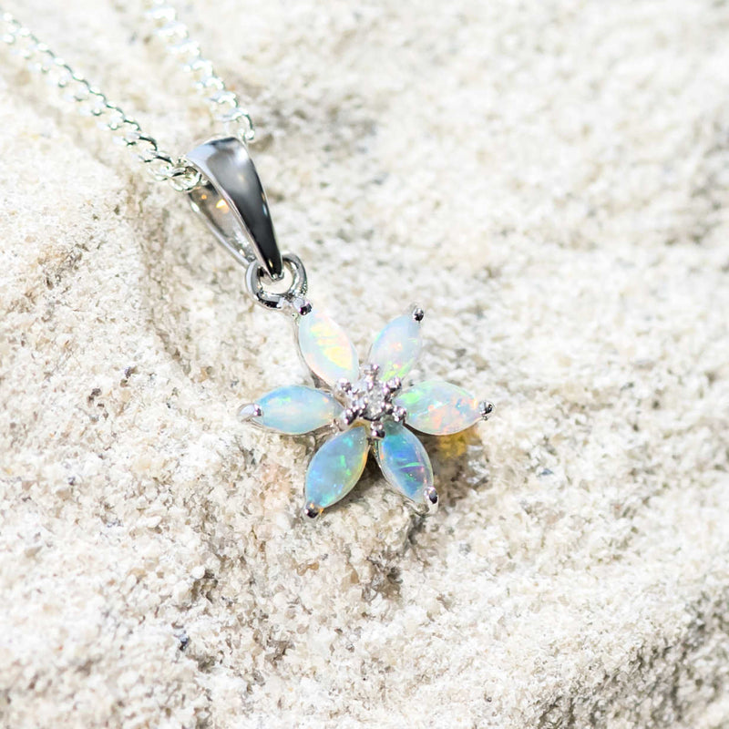 'Spring Flower' Silver Australian Crystal Opal Necklace Pendant - Black Star Opal