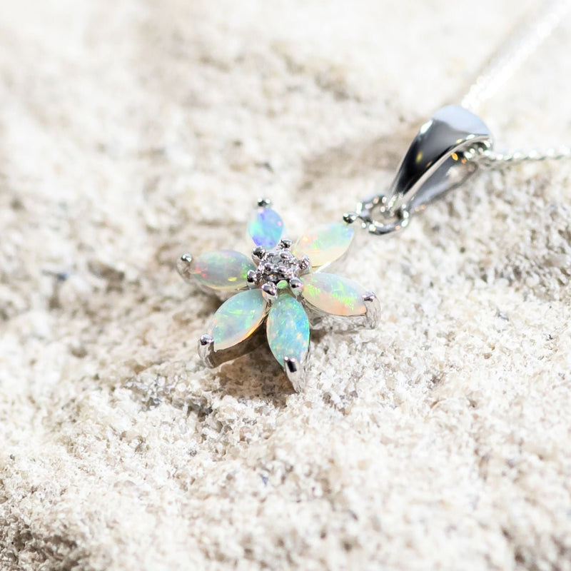 'Spring Flower' Silver Australian Crystal Opal Necklace Pendant - Black Star Opal