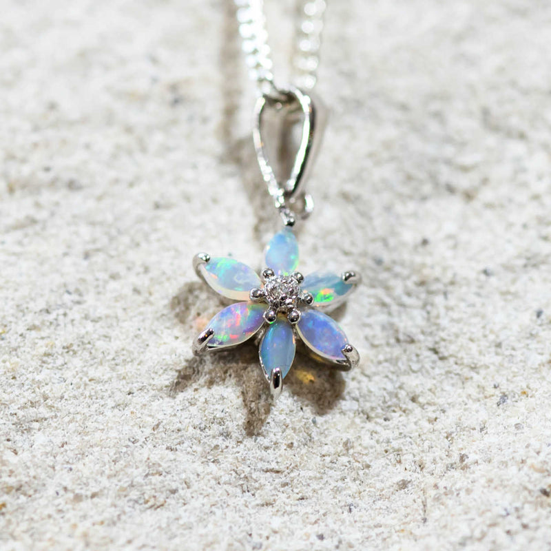 'Spring Flower' Silver Australian Crystal Opal Necklace Pendant - Black Star Opal