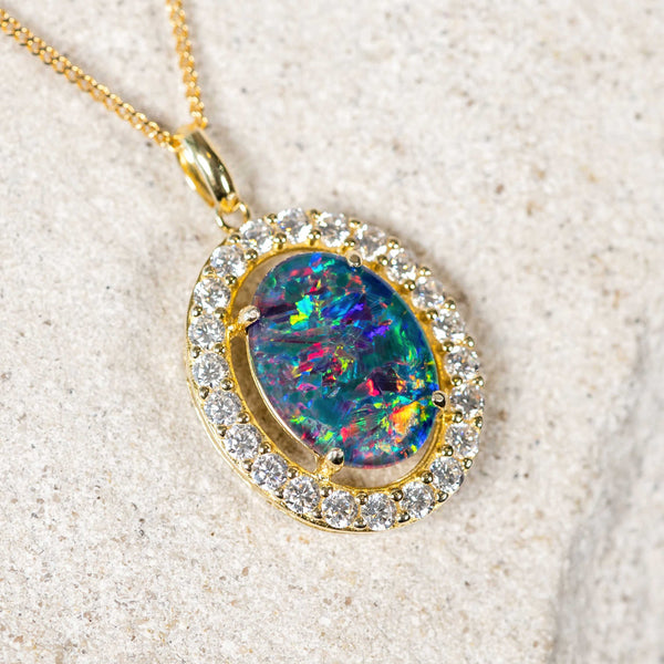 'Stella' Gold Plated Silver Australian Triplet Opal Necklace Pendant - Black Star Opal