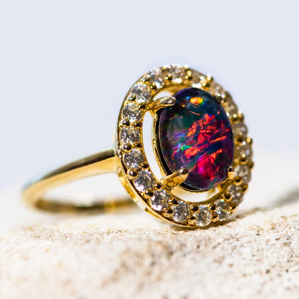 'Stella' Gold Plated Silver Australian Triplet Opal Ring - Black Star Opal