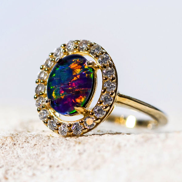 'Stella' Gold Plated Silver Australian Triplet Opal Ring - Black Star Opal