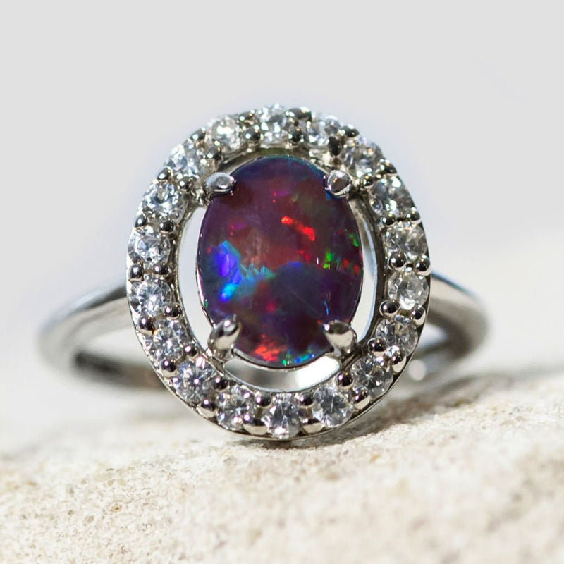 Stella Triplet Opal Ring Sterling Silver Black Star Opal