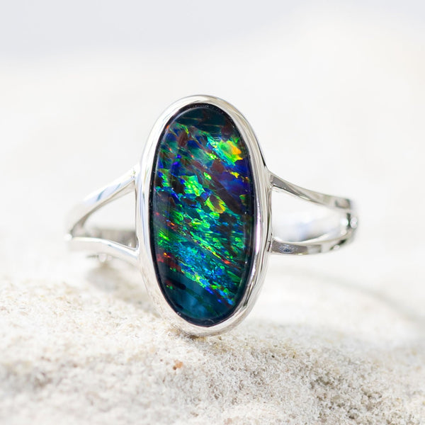 'Stella' White Gold Australian Triplet Opal Ring - Black Star Opal