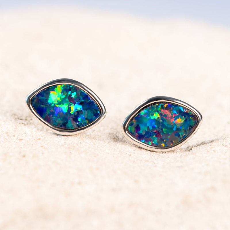 colourful diamond-shaped australian doublet opal silver earrings