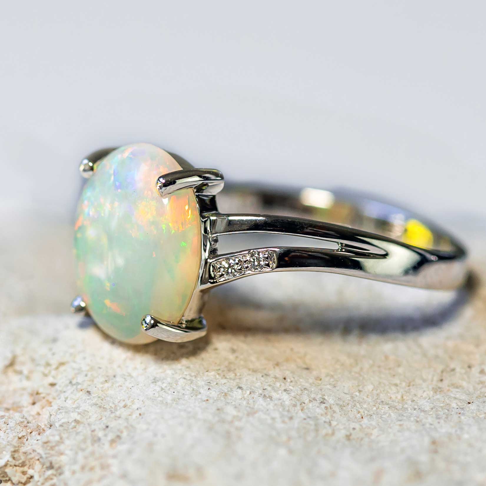 'Tatiana' White Gold Australian White Opal Ring - Black Star Opal