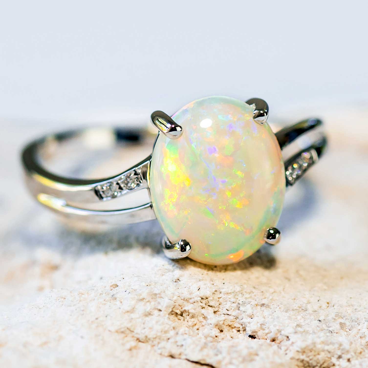 'Tatiana' White Gold Australian White Opal Ring - Black Star Opal