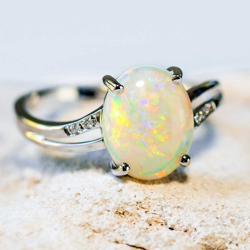 'Tatiana' White Gold Australian White Opal Ring - Black Star Opal