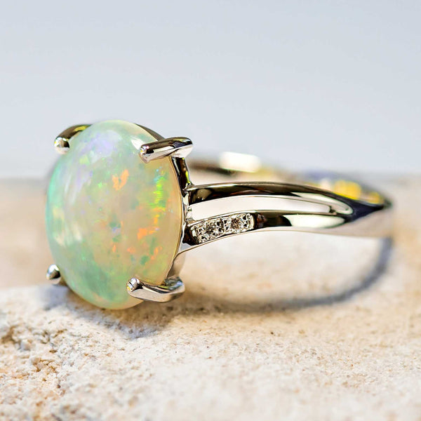 'Tatiana' White Gold Australian White Opal Ring - Black Star Opal