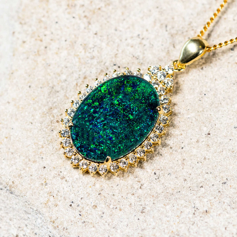 'The Crown' Gold Plated Silver Australian Triplet Opal Necklace Pendant - Black Star Opal